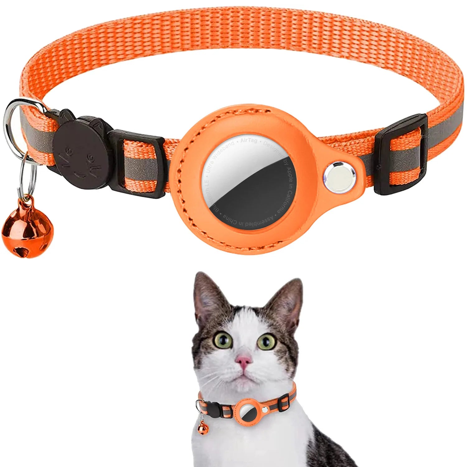 Reflective Waterproof Cat Collar with Breakaway Feature, Adjustable Fit, and Airtag Holder - Includes Bell Accessory
