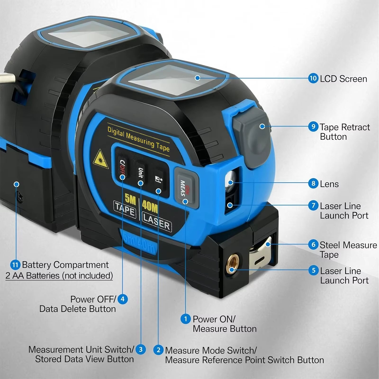 Versatile 3-In-1 Laser Tape Measure - High Precision 40/60M Infrared Distance Measuring Tool