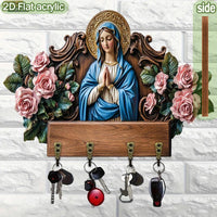 Elegant Virgin Mary Wooden Key Holder - 2D Flat Wall Decor with 4 Metal Hooks (11.8x9 inches) for All-Season Home & Villa Decoration