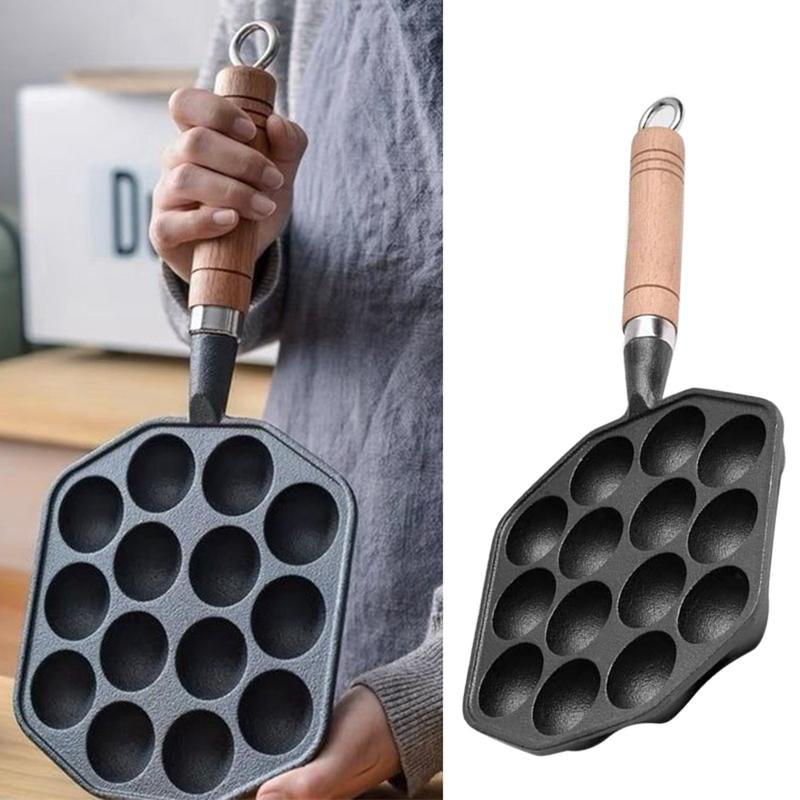 Takoyaki Master 14-Hole Cast Iron Non-Stick Maker with Handle – Versatile Bakeware for Perfect Meatballs & Pancakes at Home
