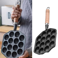 Takoyaki Master 14-Hole Cast Iron Non-Stick Maker with Handle – Versatile Bakeware for Perfect Meatballs & Pancakes at Home