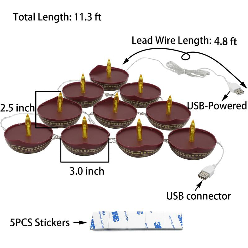 Illuminate Your Diwali: 10 USB-Operated LED Diyas String Lights for Home, Office & Pooja Decorations - Ideal Hindu Wedding & Gift Solution