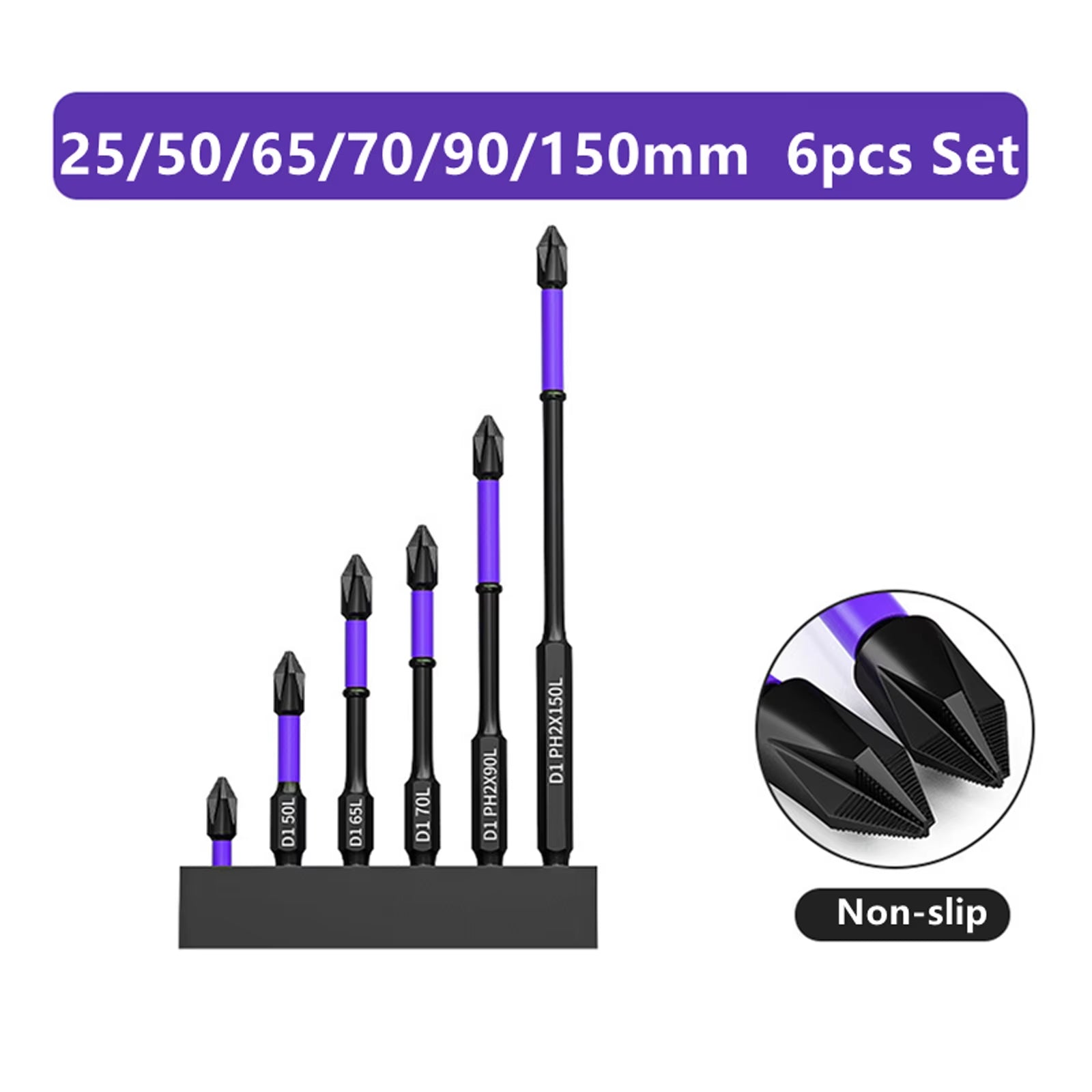 D1 Premium Shock-Proof Magnetic Screwdriver Bits Set - High Hardness PH2 in 25/50/65/70/90/150mm
