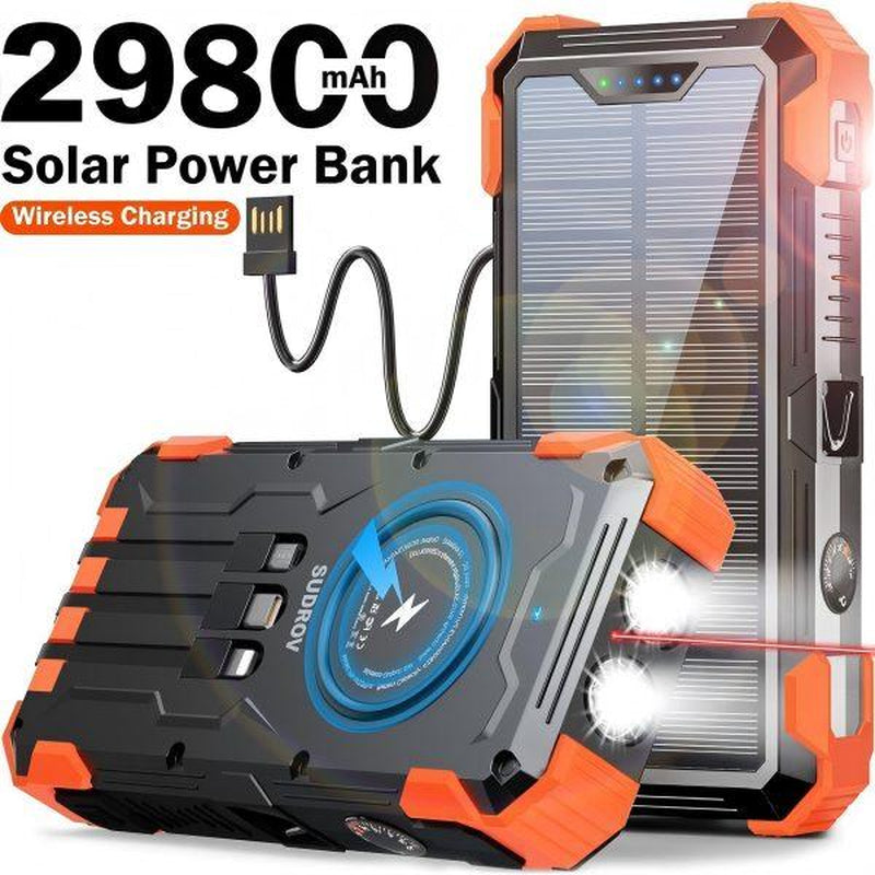 29800mAh Solar Power Bank - 7 Outputs, 15W Fast Charging, Dual Flashlights, Carabiner & Thermometer - Ultimate Portable Charger for All Mobile Devices - Perfect for Outdoor Adventures!