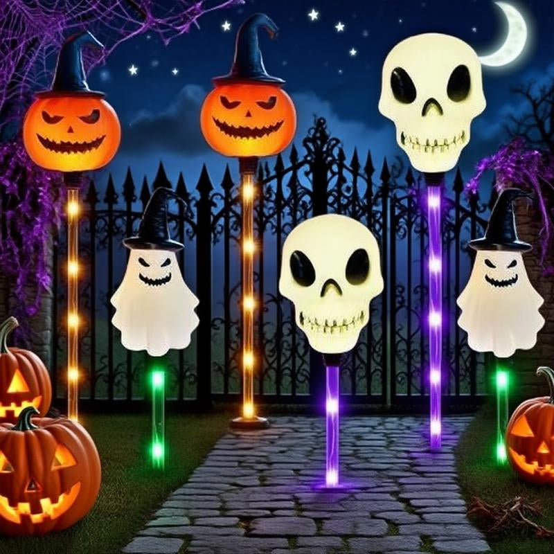 Illuminate Your Halloween with a 6-Piece Colorful Solar Ground Stake Light Set - Pumpkins, Skulls & Ghosts for Outdoor Decor, IP44 Waterproof!