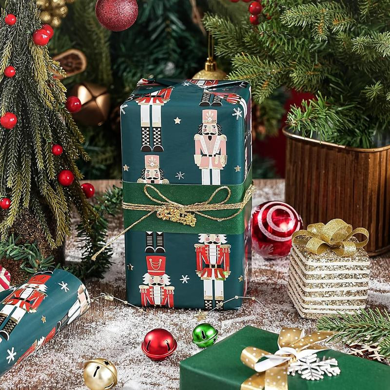 Reversible Nutcracker Christmas Wrapping Paper - 17" x 33' Foil Green Mini Roll for Holiday Celebrations and Parties