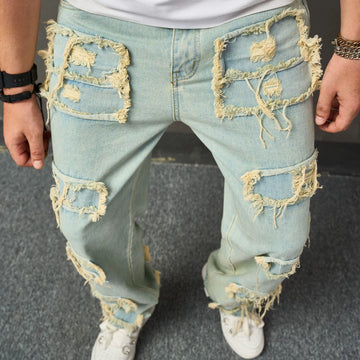 Stylish American Retro Ripped Patchwork Jeans - Men's Trendy Loose Wide-Leg Casual Pants with Anti-Bacterial Fabric
