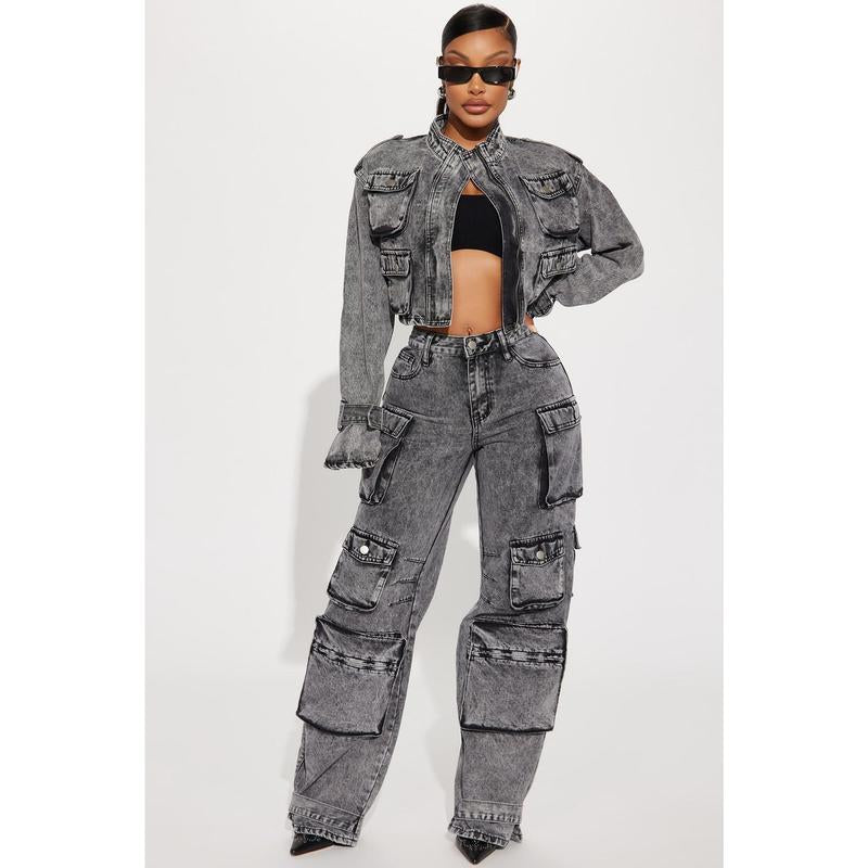Chic Billie Acid Wash Black Cropped Cargo Jacket