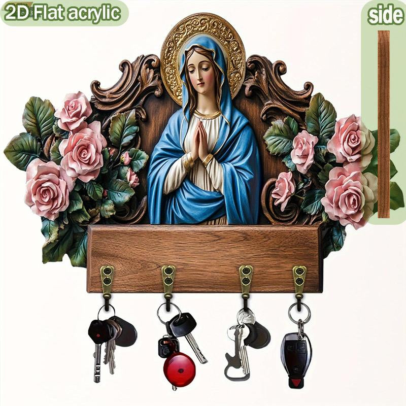Elegant Virgin Mary Wooden Key Holder - 2D Flat Wall Decor with 4 Metal Hooks (11.8x9 inches) for All-Season Home & Villa Decoration