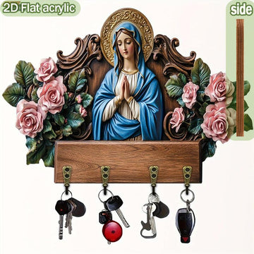 Elegant Virgin Mary Wooden Key Holder - 2D Flat Wall Decor with 4 Metal Hooks (11.8x9 inches) for All-Season Home & Villa Decoration