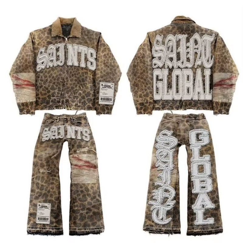 Trendy Vintage Leopard Camo Jeans Jacket & Pants Y2K Oversized Set with Embroidered Patches for Men & Women