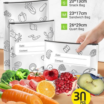 30PCS Resealable Vacuum Zipper Pouches - 3 Sizes of Stand-Up Foil Sealable Bags with Labels and Zip Lock for Food Storage - Perfect for Fruits, Vegetables, and Meats - Reusable Kitchen Canisters for Portion Control