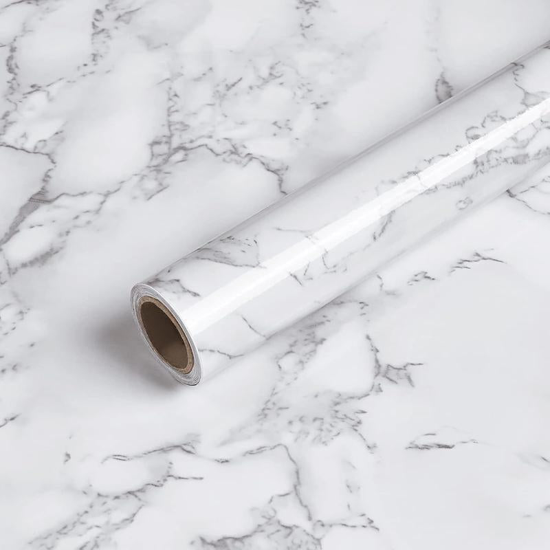 Glossy White Grey Marble Contact Paper - 15.7" x 118" Self-Adhesive Peel and Stick Wallpaper for Countertops, Cabinets, and Bathrooms