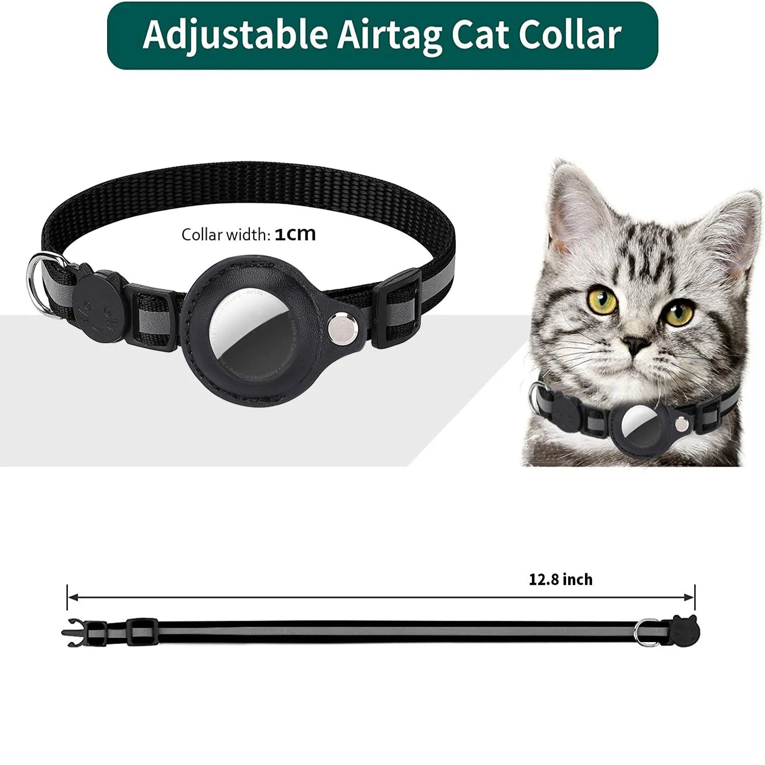 Reflective Waterproof Cat Collar with Breakaway Feature, Adjustable Fit, and Airtag Holder - Includes Bell Accessory