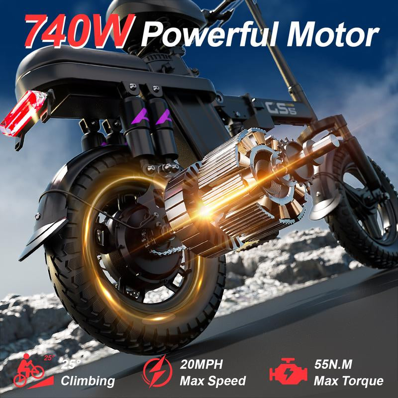 Voltx 740W Lightweight Electric Bike for Adults - 20 MPH, 48V Removable Battery, 40-45 Miles Range, Dual-Seat Foldable Design, All-Terrain Capability, 300 Lbs Load, Free Accessories Included!