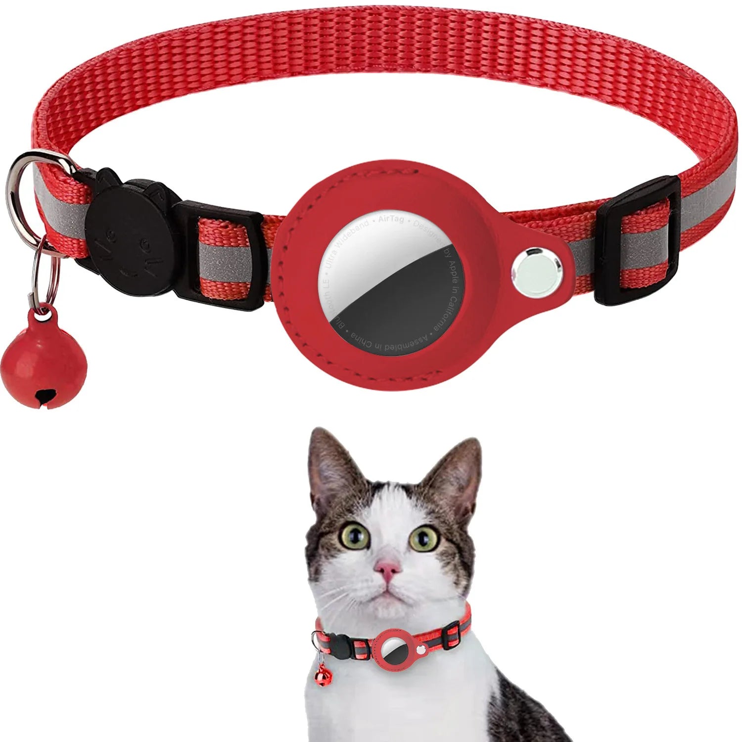Reflective Waterproof Cat Collar with Breakaway Feature, Adjustable Fit, and Airtag Holder - Includes Bell Accessory