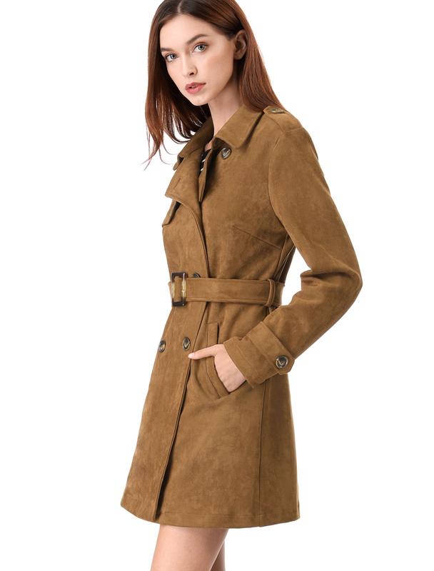 Chic Faux Suede Double Breasted Trench Coat with Belt in Stylish Brown