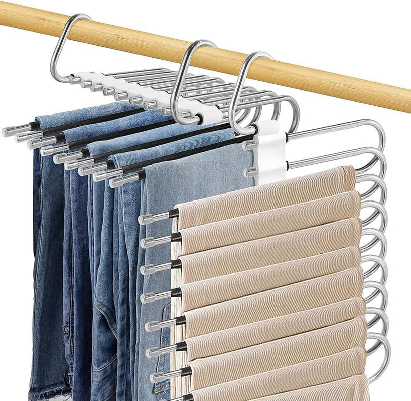 Space-Saving 9-Layer Non-Slip Stainless Steel Pants Hanger - Multifunctional Closet Organizer for Jeans, Trousers, and Scarves