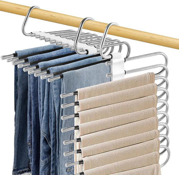 Space-Saving 9-Layer Non-Slip Stainless Steel Pants Hanger - Multifunctional Closet Organizer for Jeans, Trousers, and Scarves