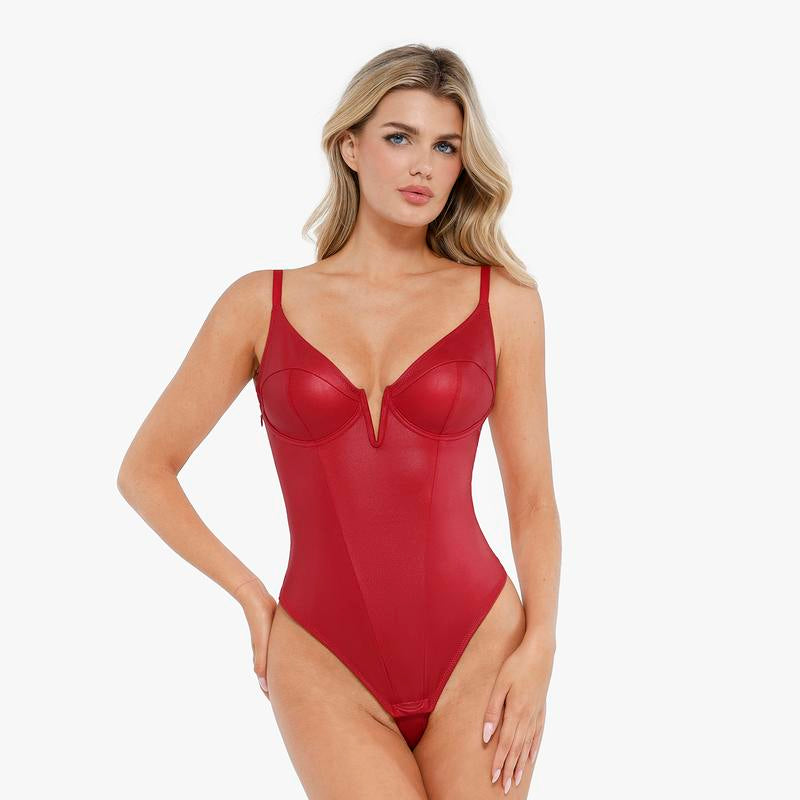 Elevate Your Silhouette: Popilush Faux Leather Lace Trim Corset Bodysuit with Tummy Control