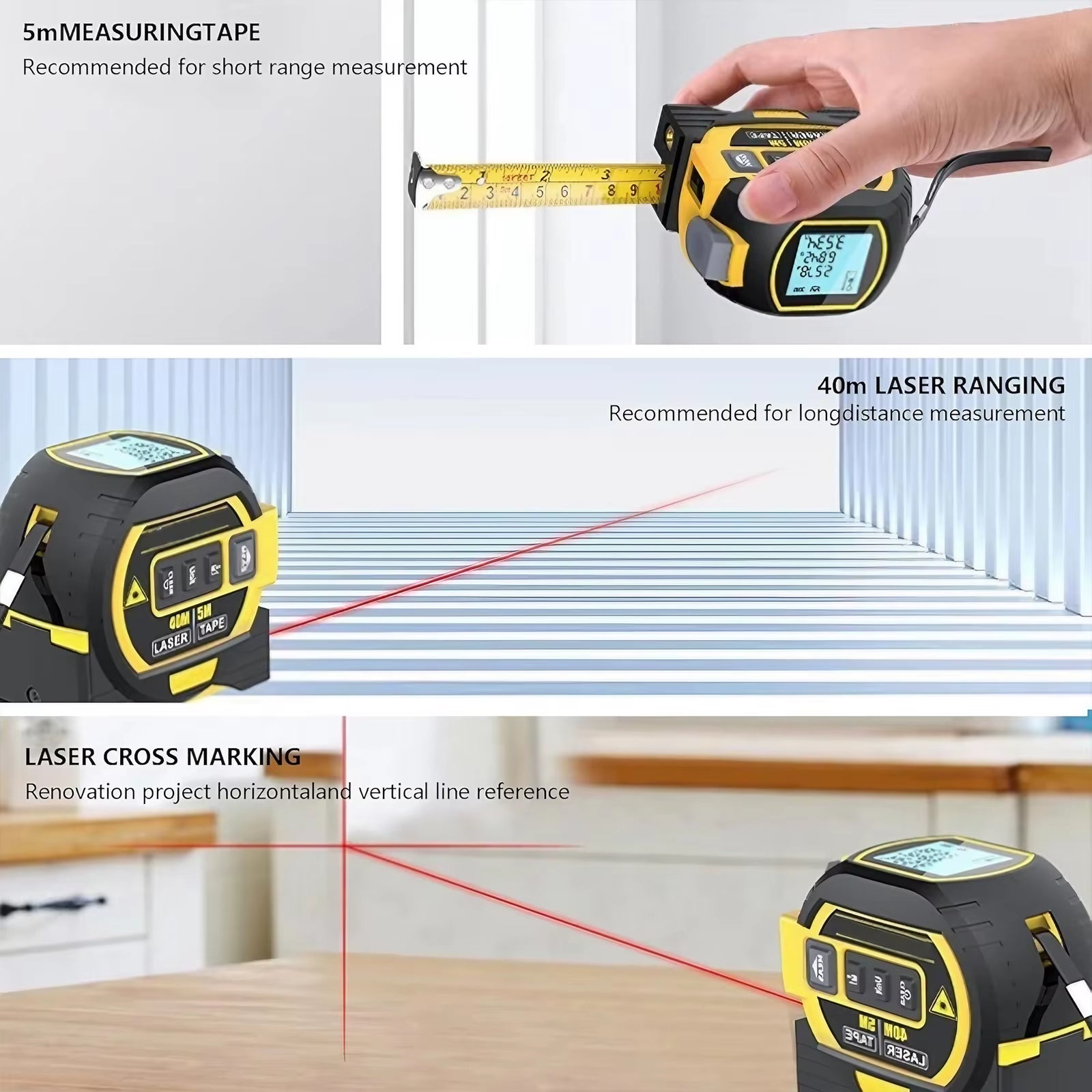 Versatile 3-In-1 Laser Tape Measure - High Precision 40/60M Infrared Distance Measuring Tool