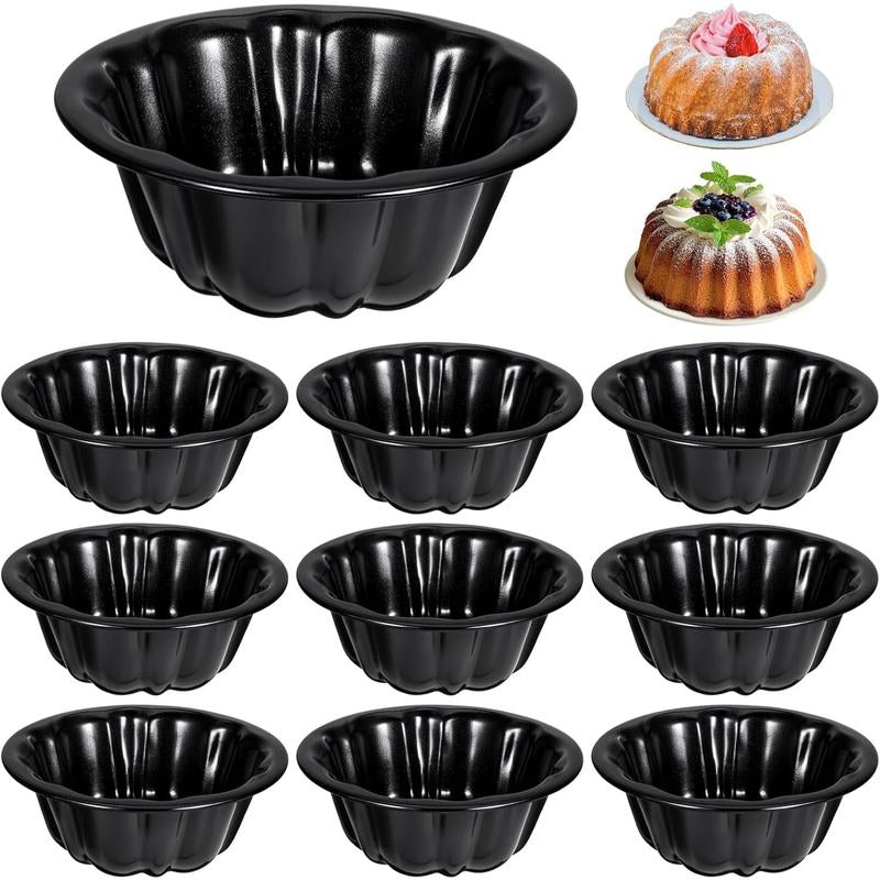 10-Pack Mini Fluted Tube Cake Pans - 4 Inch Nonstick Carbon Steel Molds for Flan, Cupcakes, Brownies, and More!
