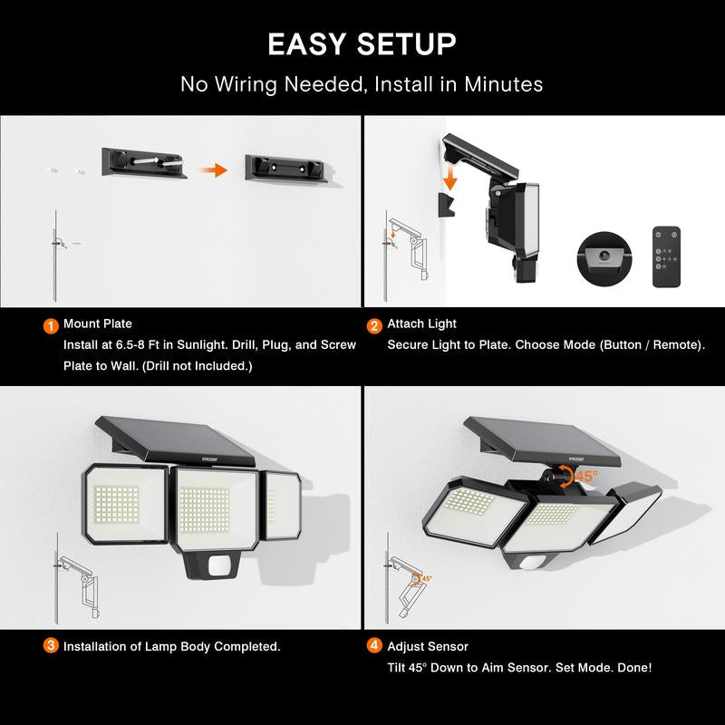 HYKOONT 3000LM Solar Outdoor Motion Sensor Lights - 299 LED Dimmable 3-Head Security Spotlights, IP65 Waterproof with 3 Adjustable Modes - Wide Angle Illumination (1 Pack)