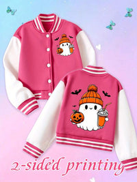 Adorable Girls' Halloween Baseball Jacket with Pumpkin Ghost Print - Cozy Elastic Fabric for Fall & Winter Parties!