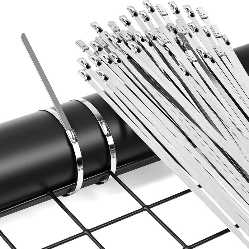 Heavy-Duty Metal Zip Ties with Stainless Steel Tie Gun - 100 Pack, 11.8 Inch UV Resistant Fastening Tool for Fences and Outdoor Use