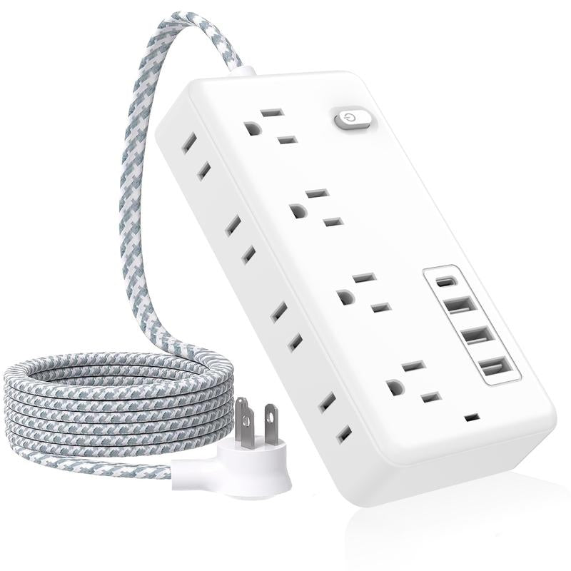 Ultimate Surge Protector Power Strip with 8 AC Outlets & 4 USB Chargers - 5Ft Braided Extension Cord for Home & Office Essentials