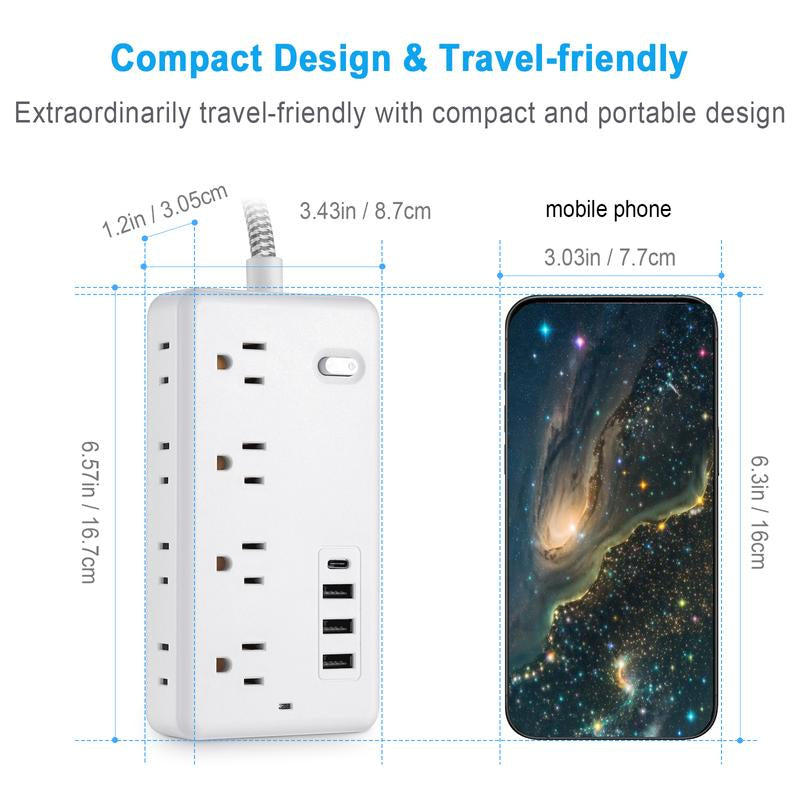 Ultimate Surge Protector Power Strip with 8 AC Outlets & 4 USB Chargers - 5Ft Braided Extension Cord for Home & Office Essentials