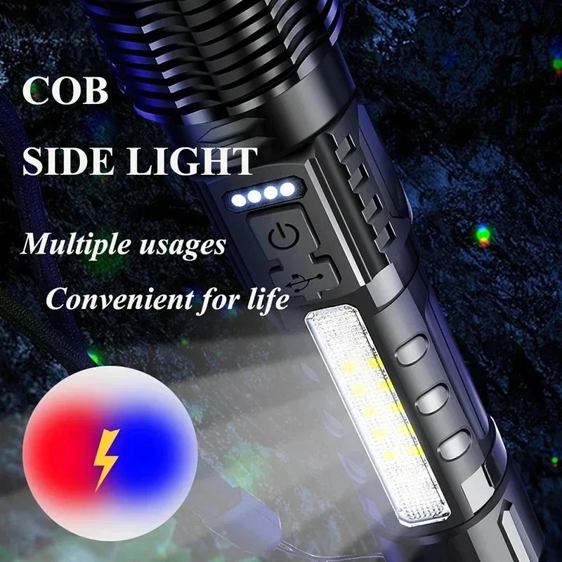 Ultra Bright Rechargeable White Laser LED Flashlight - Tactical Torch for Camping and Hiking, Built-In Battery with USB Charging