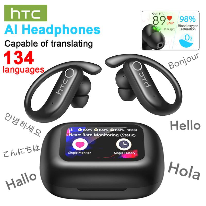 HTC NE61 Wireless Bluetooth Earbuds - Real-Time 134 Language Translation, Heart Rate Monitor, IPX5 Waterproof, 45H Battery Life, Noise Cancelling, Full Color Touch Screen, Compatible with iOS & Android