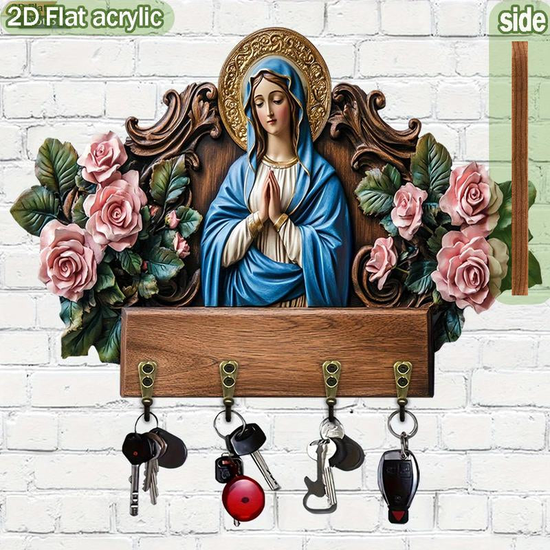 Elegant Virgin Mary Wooden Key Holder - 2D Flat Wall Decor with 4 Metal Hooks (11.8x9 inches) for All-Season Home & Villa Decoration