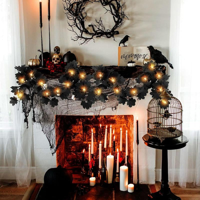 Enchanting Black Leaf Garland with Yellow LED Lights - Perfect for Halloween and Fall Decor, Ideal for Home, Weddings, and Thanksgiving Celebrations!