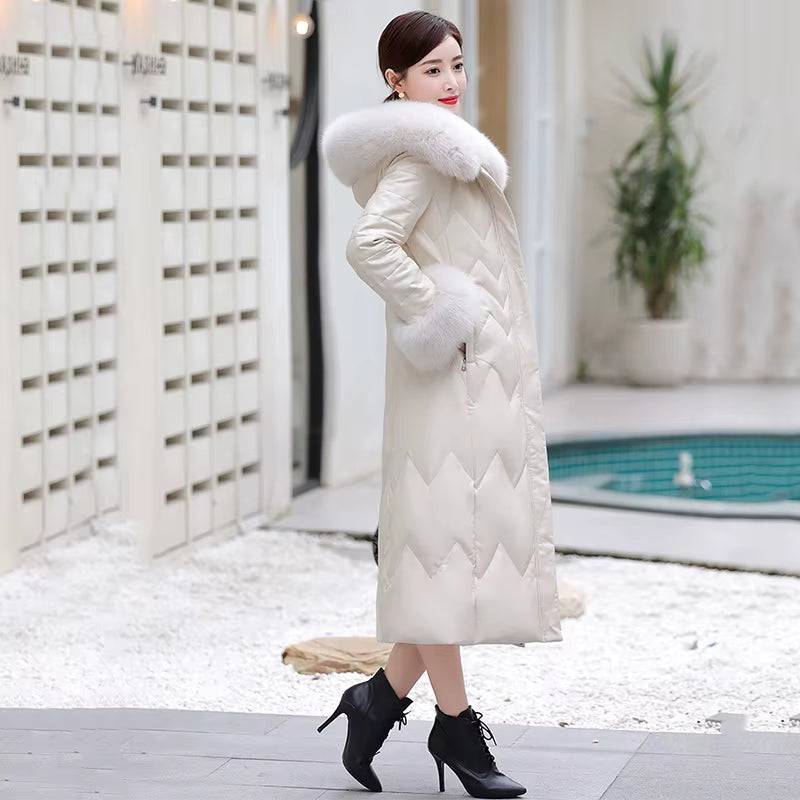 Luxurious Genuine Leather Winter Coat with Real Fox Fur Collar – Stylish Sheepskin Down Jacket for Women