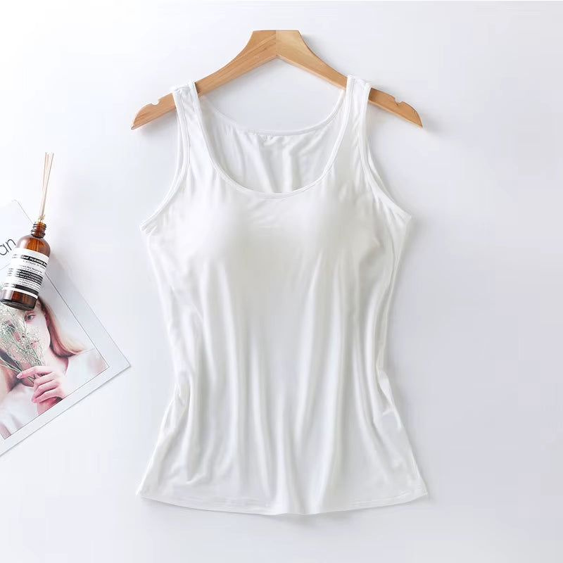 2023 Women's Slim Fit Built-in Bra Vest Tops - Stylish Solid Color Padded Casual Tank Shirts