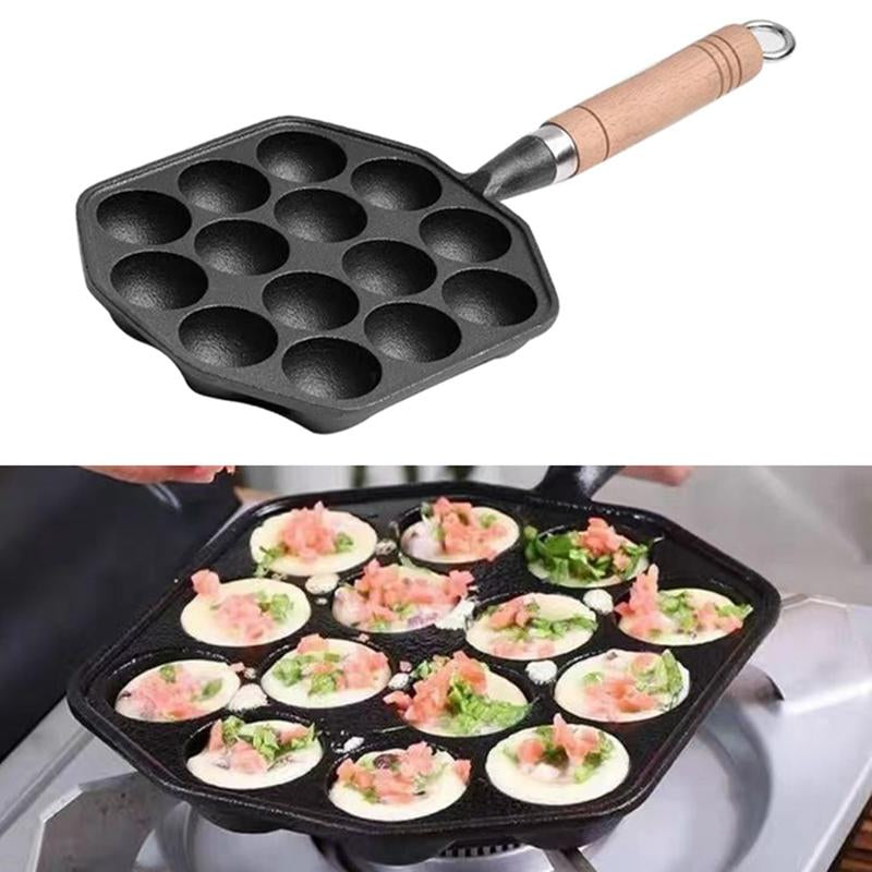 Takoyaki Master 14-Hole Cast Iron Non-Stick Maker with Handle – Versatile Bakeware for Perfect Meatballs & Pancakes at Home