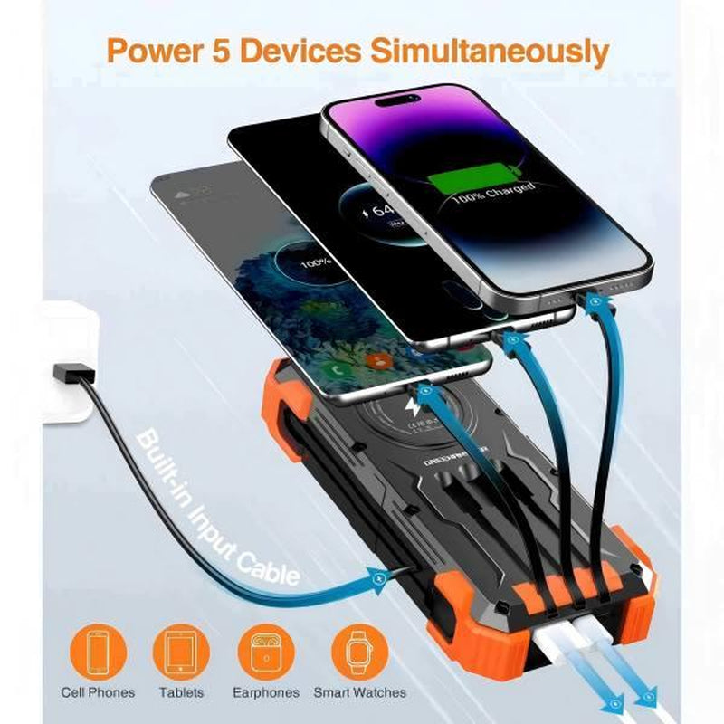 29800mAh Solar Power Bank - 7 Outputs, 15W Fast Charging, Dual Flashlights, Carabiner & Thermometer - Ultimate Portable Charger for All Mobile Devices - Perfect for Outdoor Adventures!