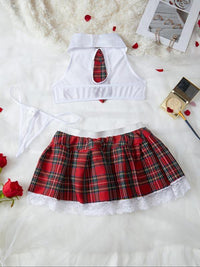 Seductive Sheer Lace Plaid School Girl Lingerie Set with Halter Crop Top, Thong & Contrast Lace Skirt - Breathable Elegance for Women