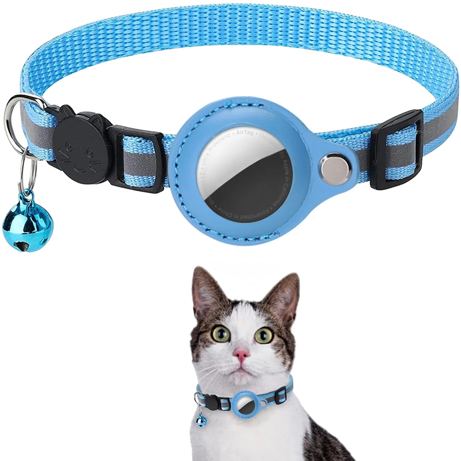 Reflective Waterproof Cat Collar with Breakaway Feature, Adjustable Fit, and Airtag Holder - Includes Bell Accessory