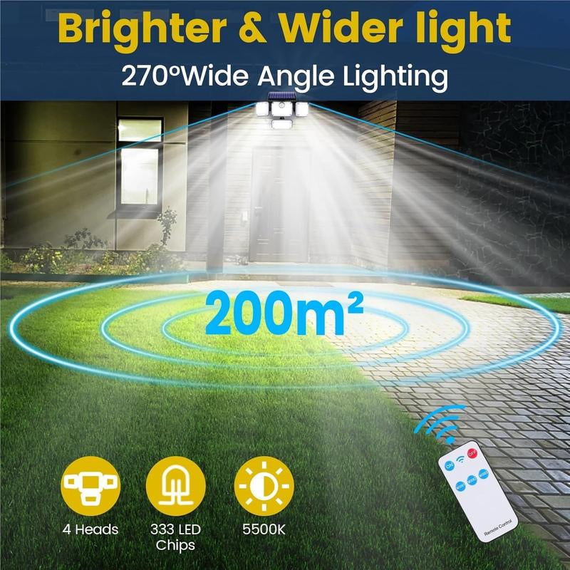 Illuminate Your Outdoors: 4-Head Solar LED Motion Sensor Light with Remote Control - Waterproof Security Solution for Front Door, Yard, and Garage!
