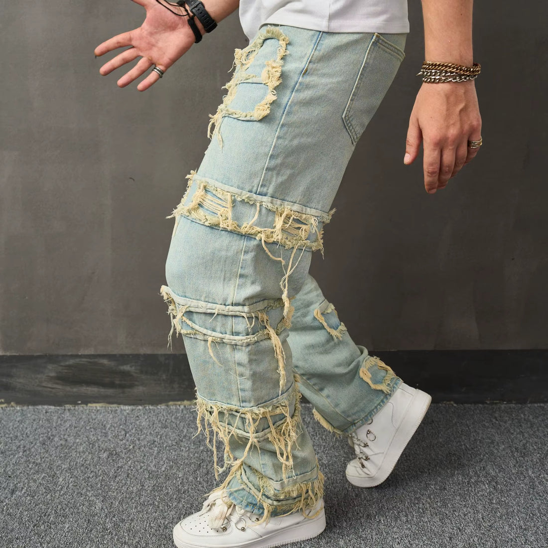 Stylish American Retro Ripped Patchwork Jeans - Men's Trendy Loose Wide-Leg Casual Pants with Anti-Bacterial Fabric