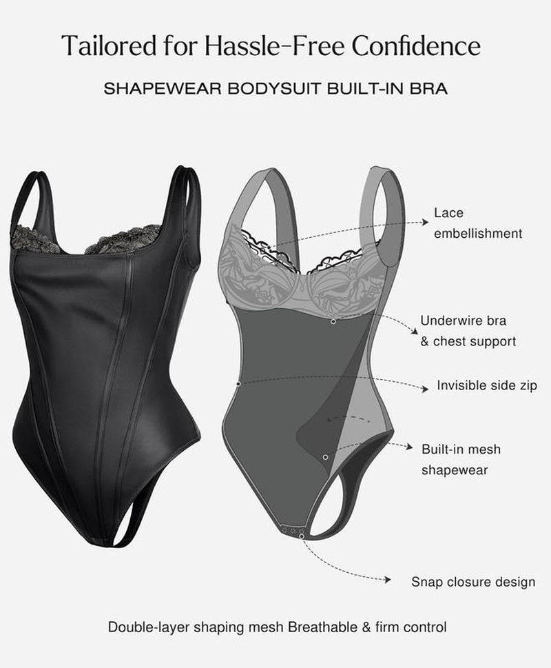 Elevate Your Silhouette: Popilush Faux Leather Lace Trim Corset Bodysuit with Tummy Control