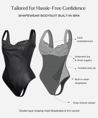 Elevate Your Silhouette: Popilush Faux Leather Lace Trim Corset Bodysuit with Tummy Control