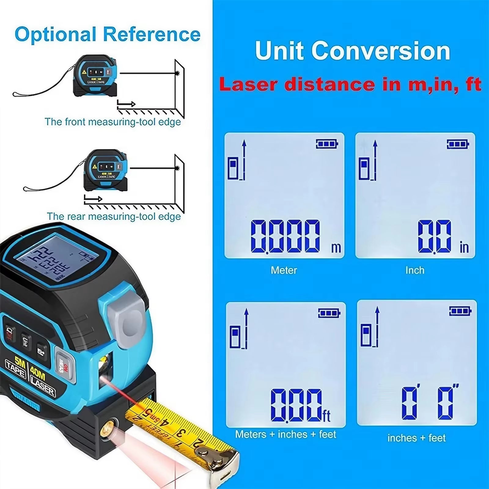 Versatile 3-In-1 Laser Tape Measure - High Precision 40/60M Infrared Distance Measuring Tool
