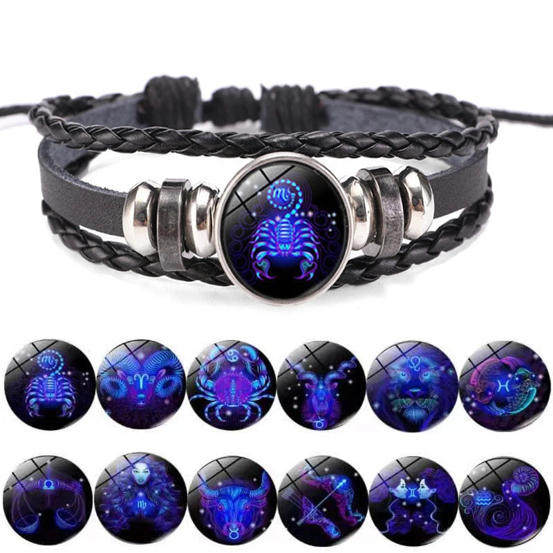 Luminous Zodiac Leather Bracelet – 12 Constellations | Adjustable Vintage Wrap for Men & Women