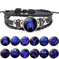 Luminous Zodiac Leather Bracelet – 12 Constellations | Adjustable Vintage Wrap for Men & Women