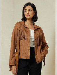 Chic ADOR Women's Suede Fringe Hem Crew Neck Jacket - Elevate Your Outerwear Collection!