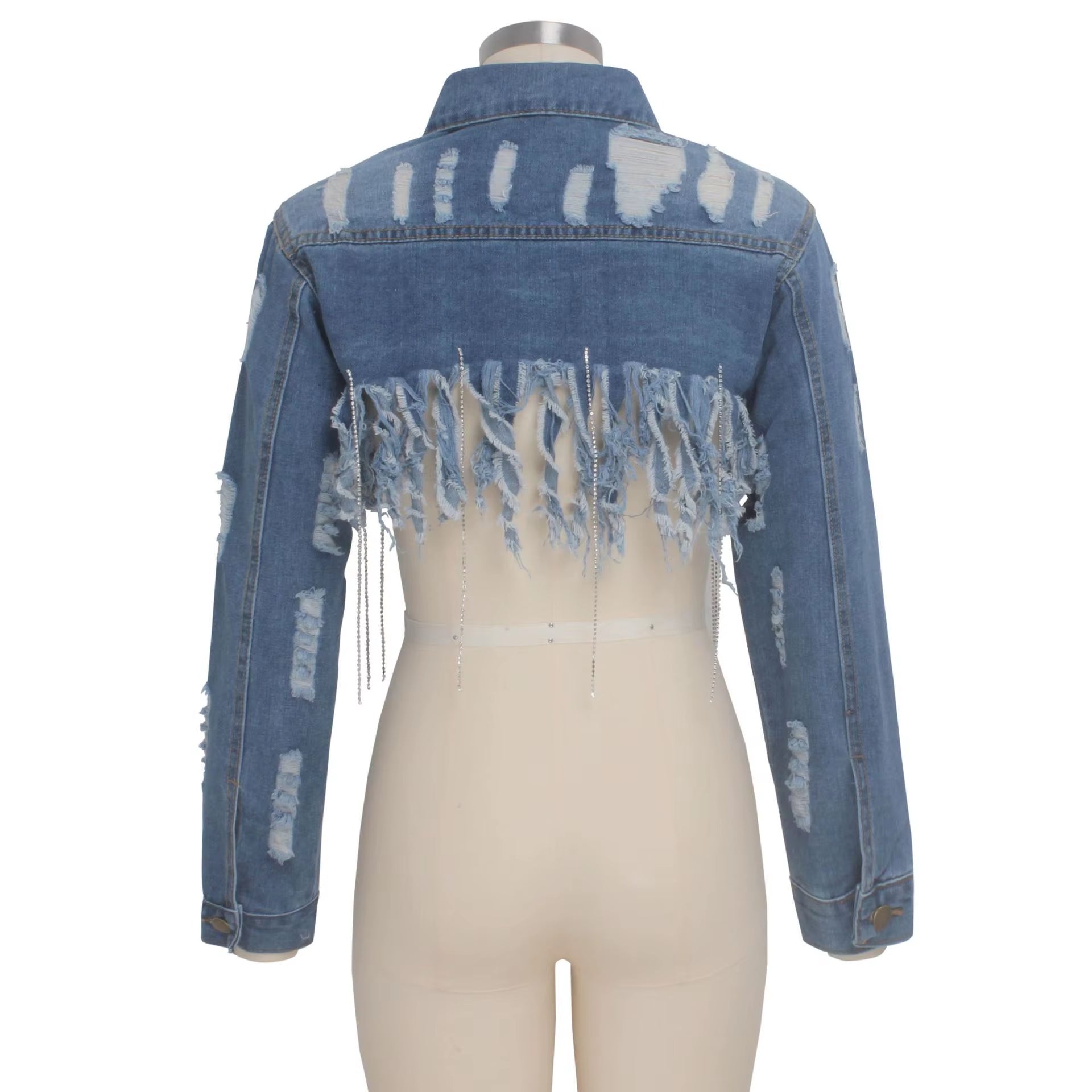 Trendy Ripped Denim Jacket with Tassels - Sexy Casual Coat for Women